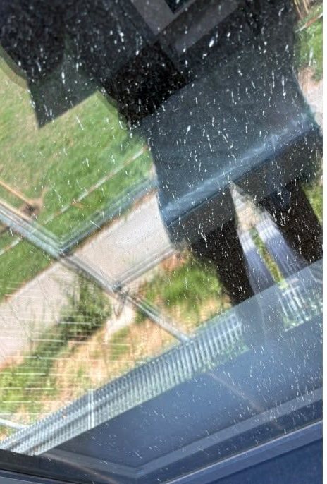 Fensterscheibe mit Schlieren und Schmutz vor der Reinigung